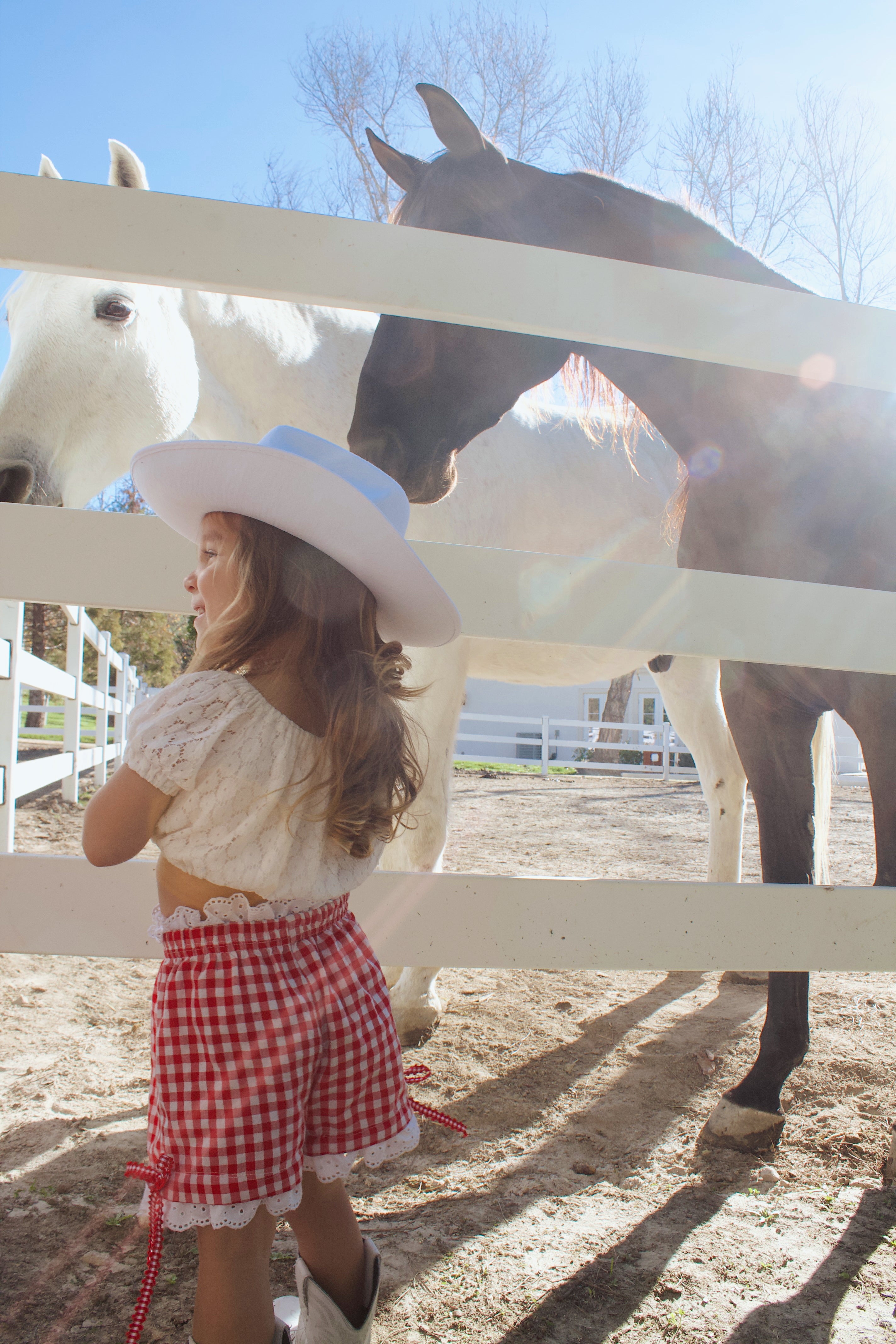Girls’ Red Gingham Eyelet Lace Boxer Shorts with Side Bows – Handmade