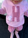 Toddler Pink Crewneck with Custom Letter Patch – Handmade Patchwork Sweater
