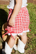 Girls’ Red Gingham Eyelet Lace Boxer Shorts with Side Bows – Handmade