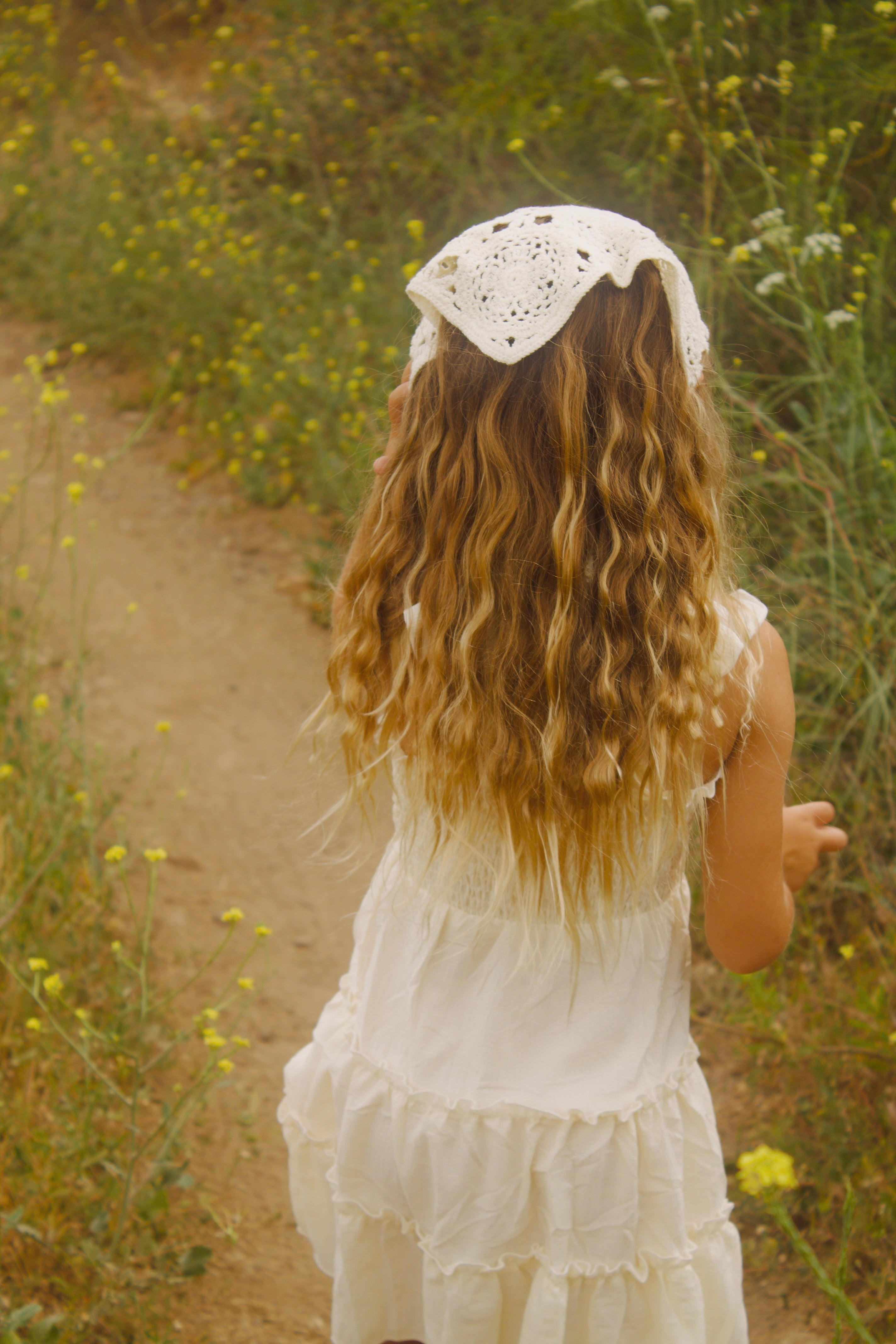 Toddler girl wearing crochet bandana with western outfit – Safehaven accessory