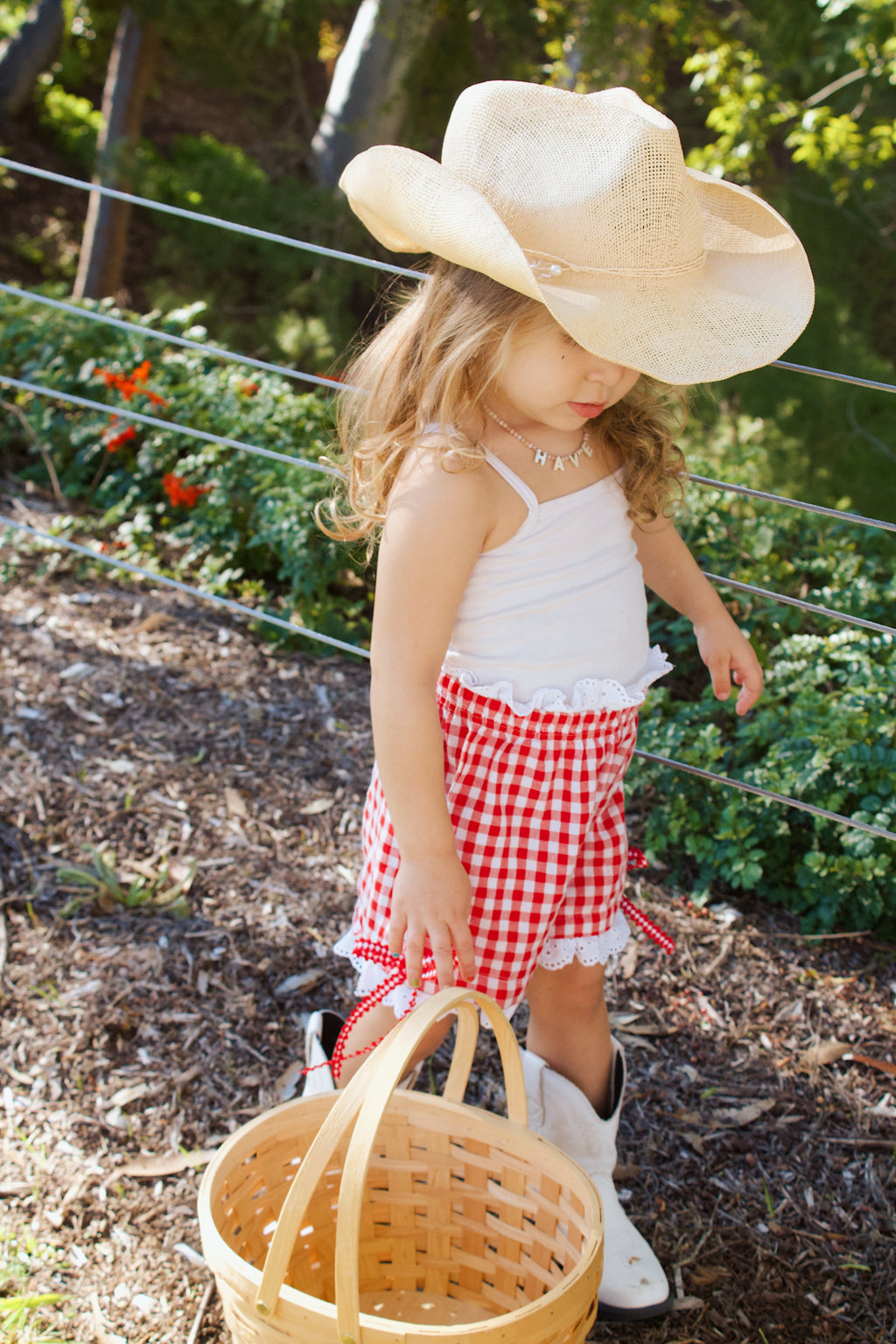 Girls’ Red Gingham Eyelet Lace Boxer Shorts with Side Bows – Handmade