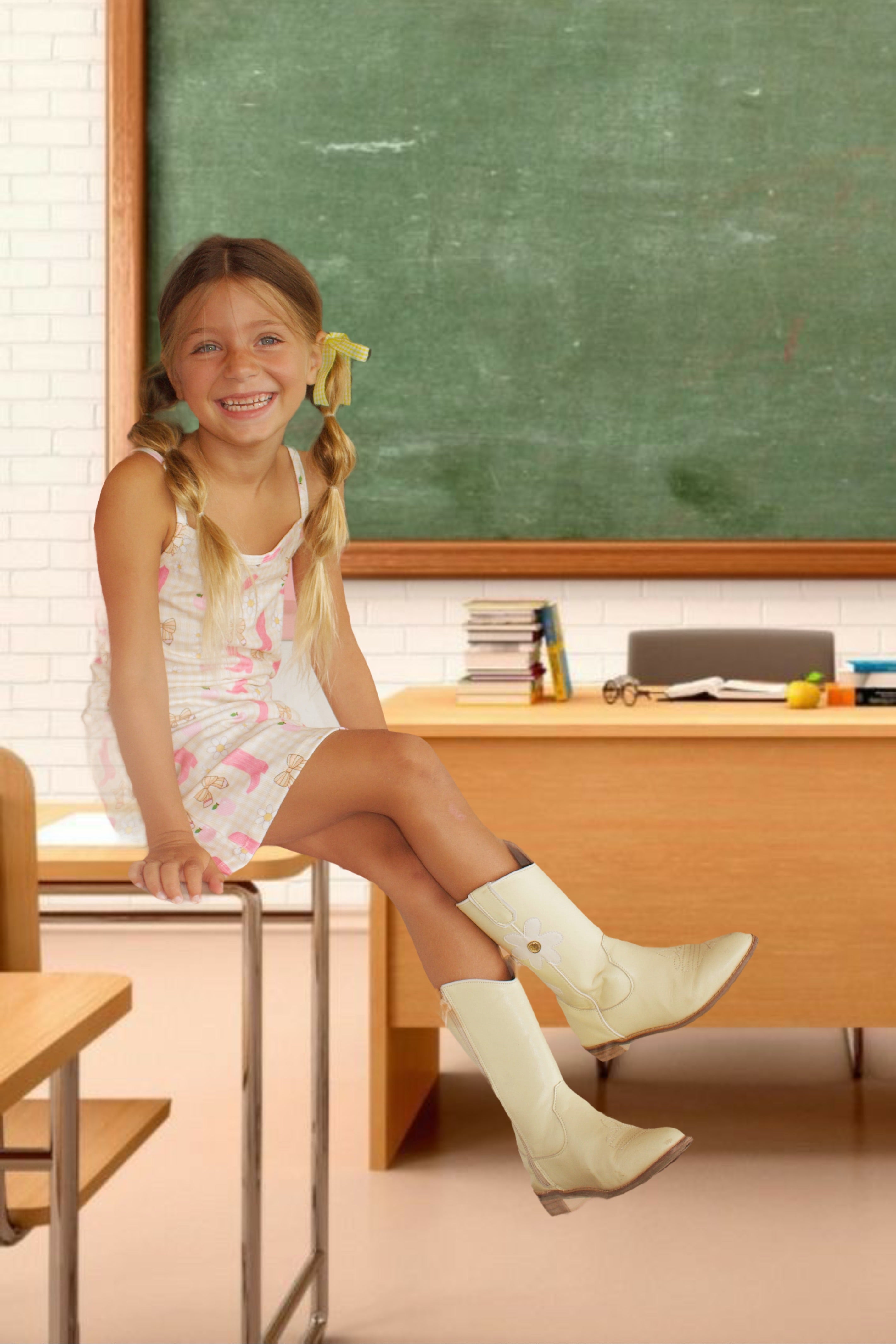 Little girl wearing a cream gingham dress with pink cowgirl boots, bows, daisies, and apple prints, paired with ivory western boots.