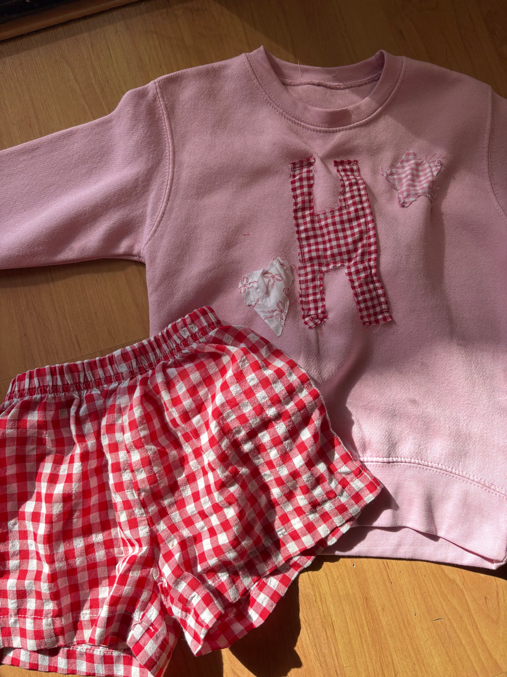 Toddler Pink Crewneck with Custom Letter Patch – Handmade Patchwork Sweater