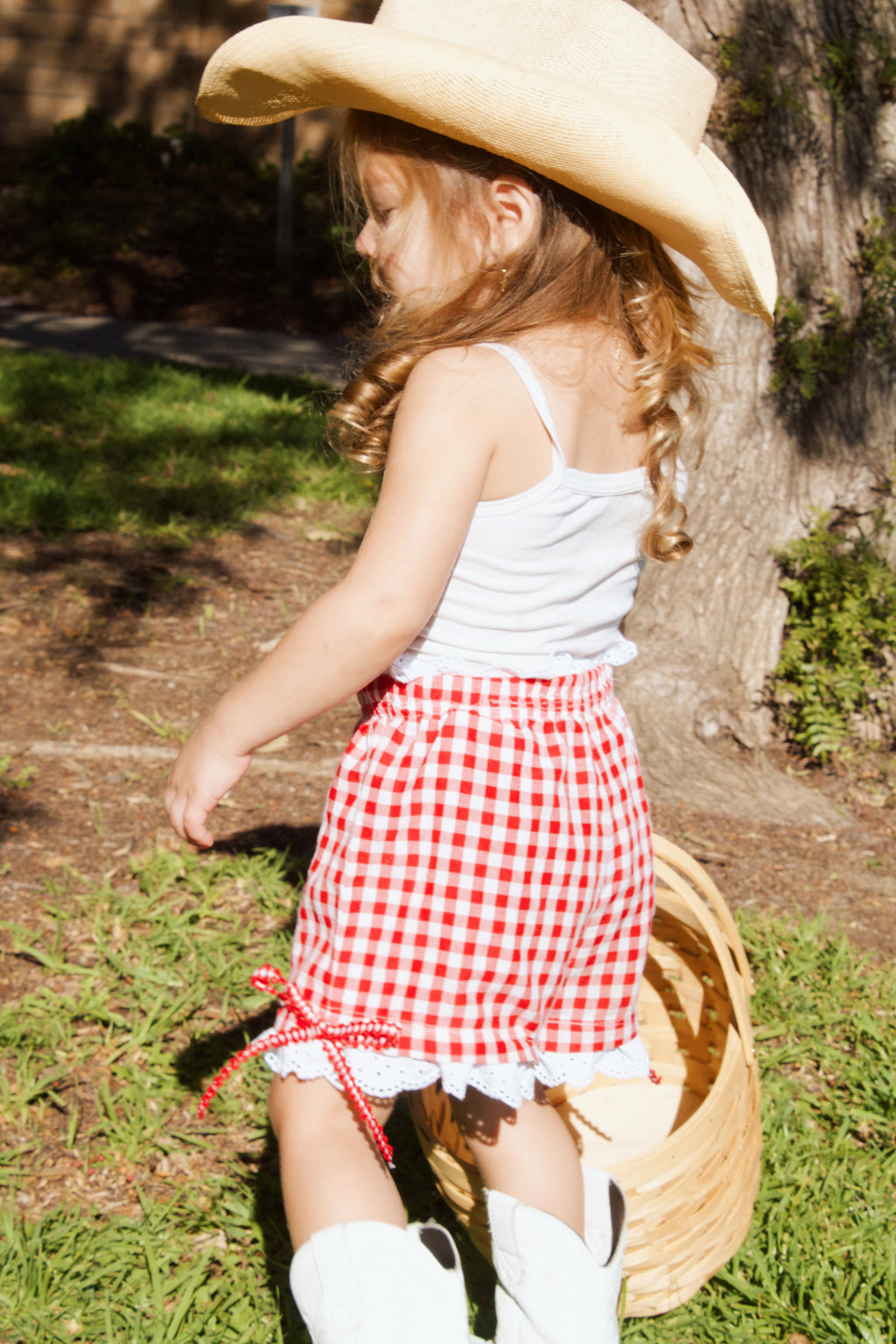 Girls’ Red Gingham Eyelet Lace Boxer Shorts with Side Bows – Handmade
