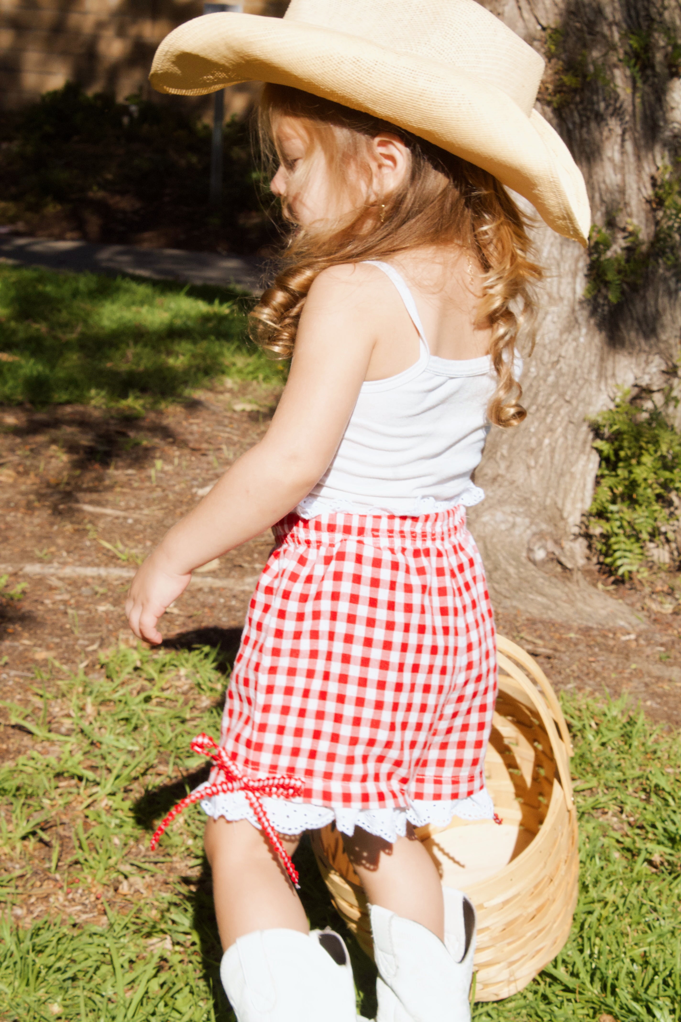Girls’ Red Gingham Eyelet Lace Boxer Shorts with Side Bows – Handmade