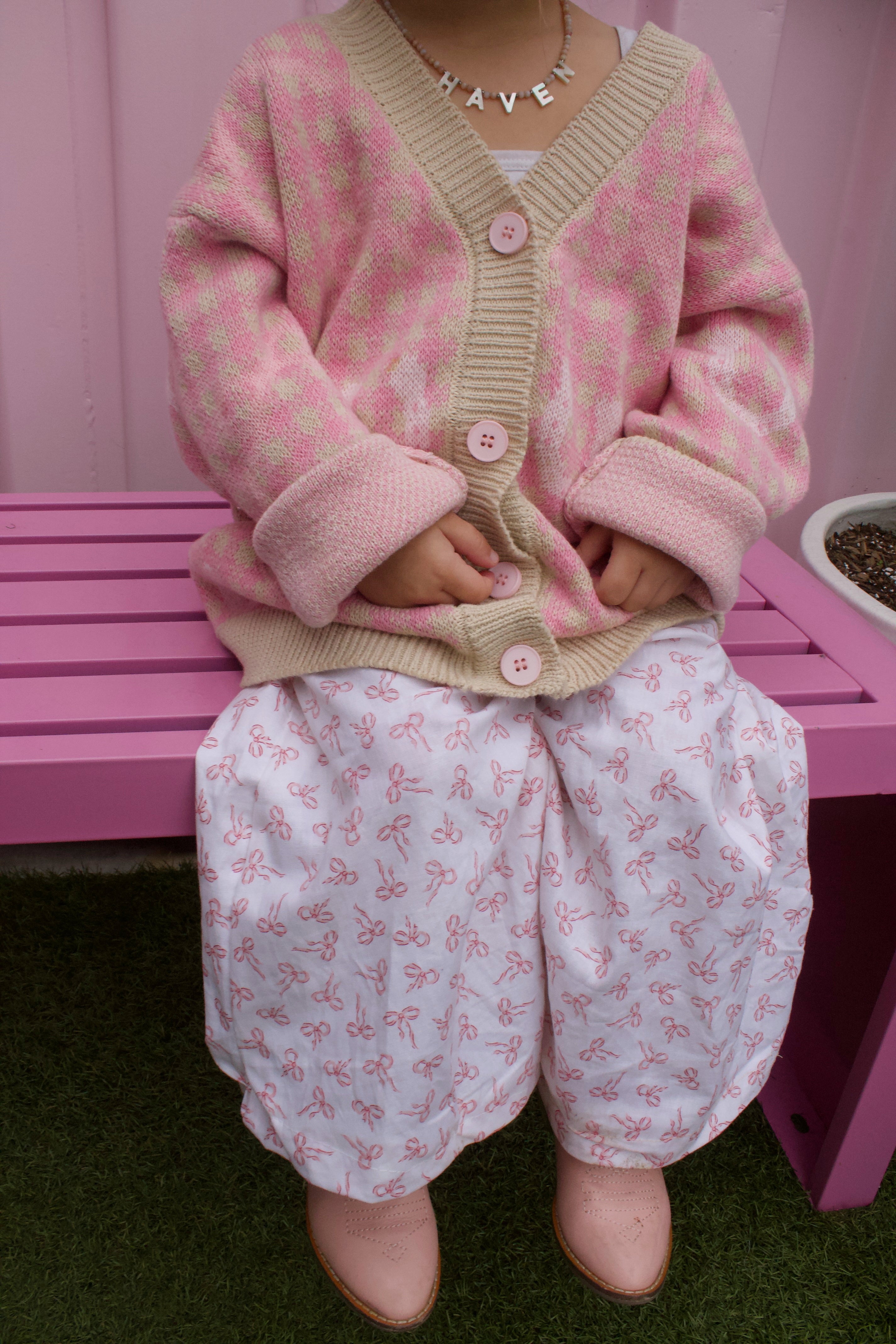 White Bow Print Elastic Waist Pants – Coquette Style Boxer Pants for Kids