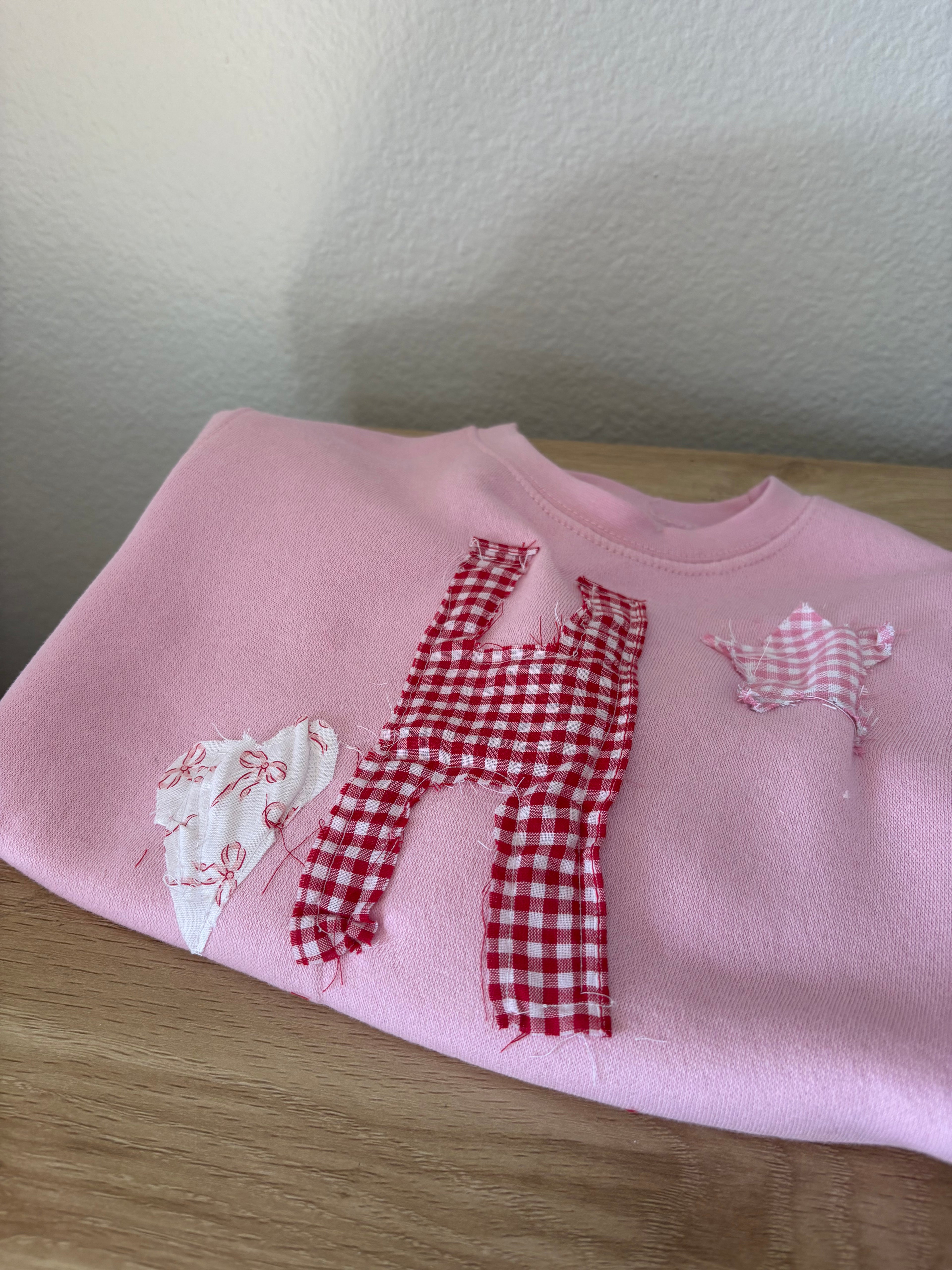 Toddler Pink Crewneck with Custom Letter Patch – Handmade Patchwork Sweater