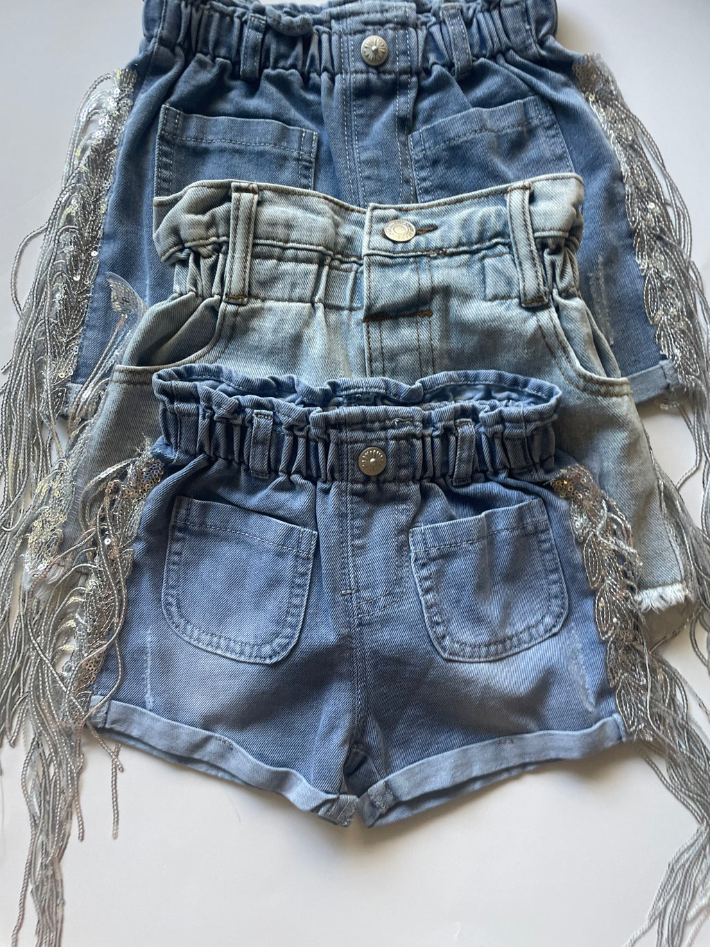 Girls Denim Sparkle Fringe Shorts