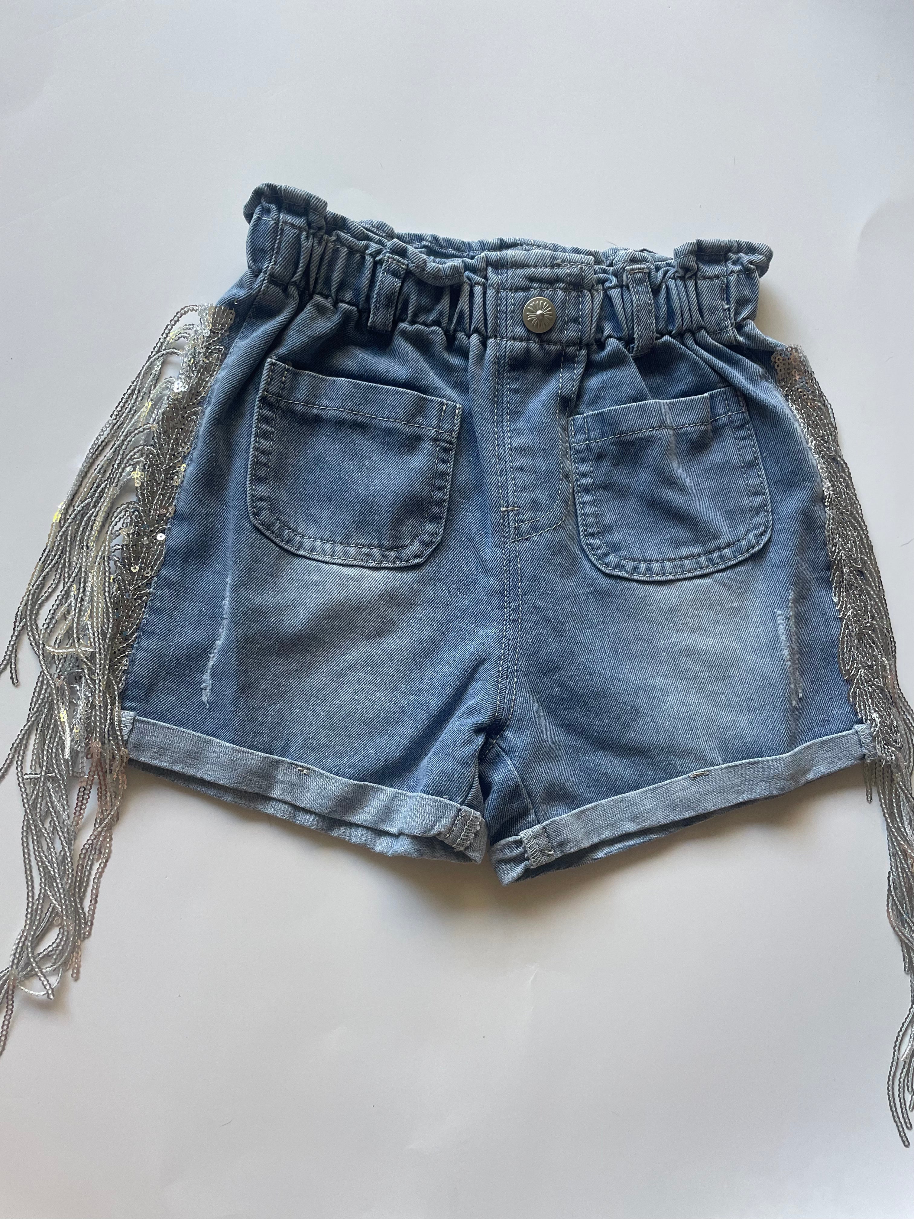 Girls Denim Sparkle Fringe Shorts