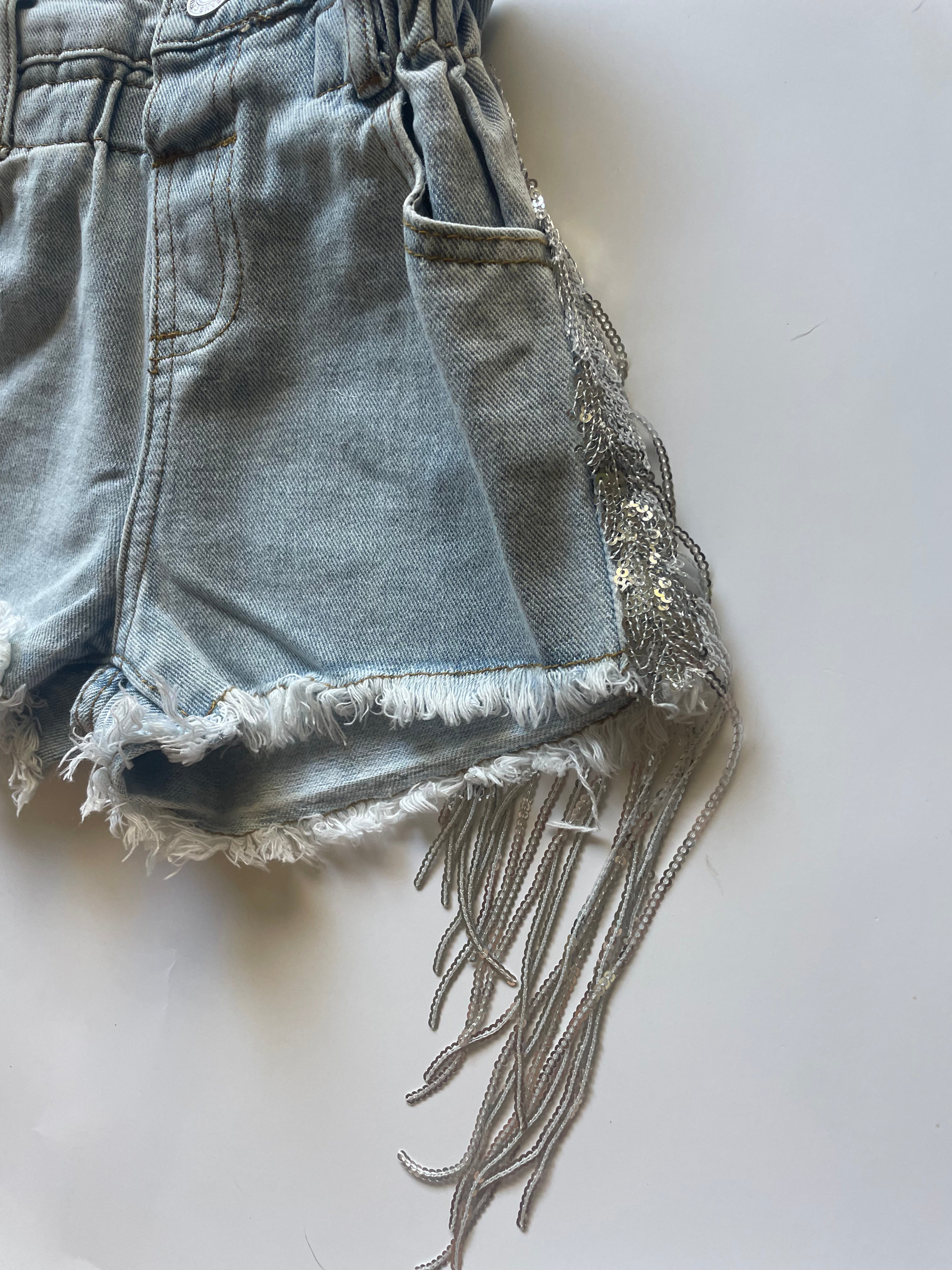 Girls Denim Sparkle Fringe Shorts