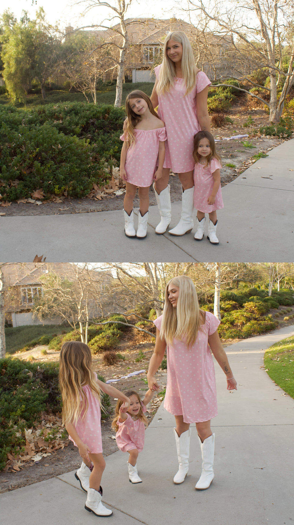 Two images of a woman and two young girls in matching pink dresses and white boots walking outdoors.