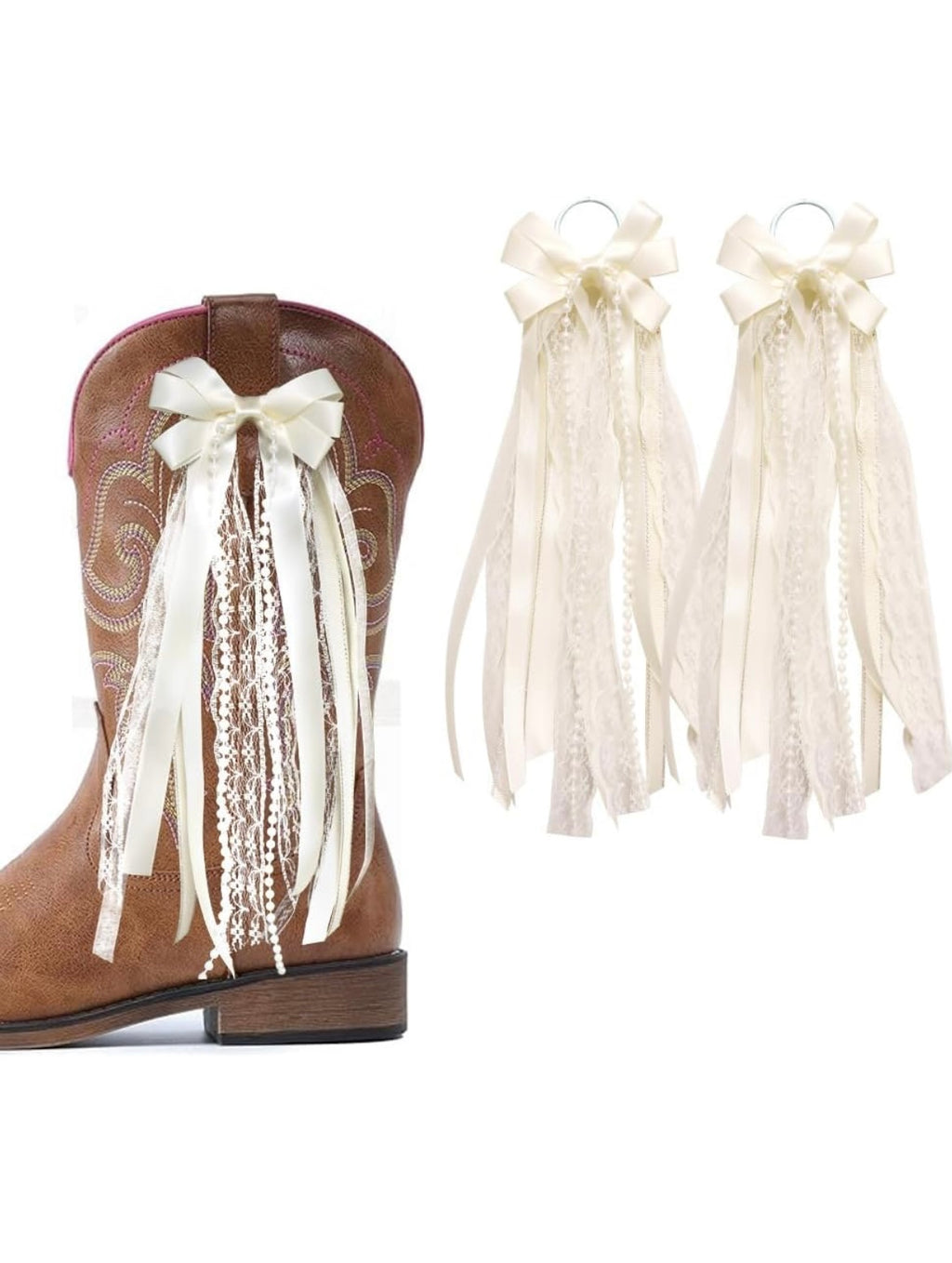Brown cowboy boot with decorative ribbons and tassels, accompanied by additional ribbons on hangers.