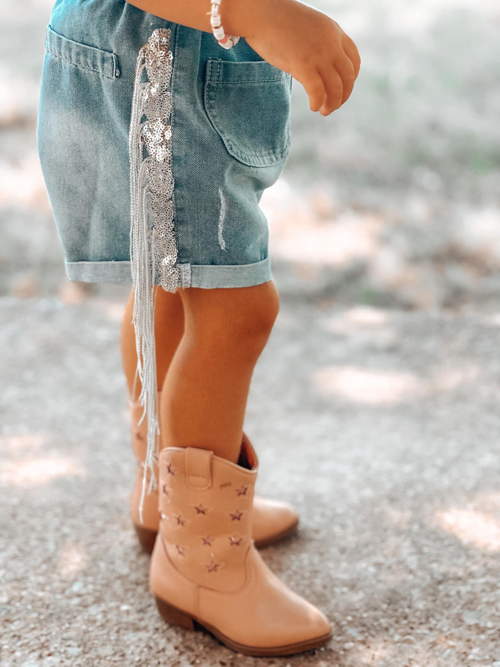 Girls Denim Sparkle Fringe Shorts