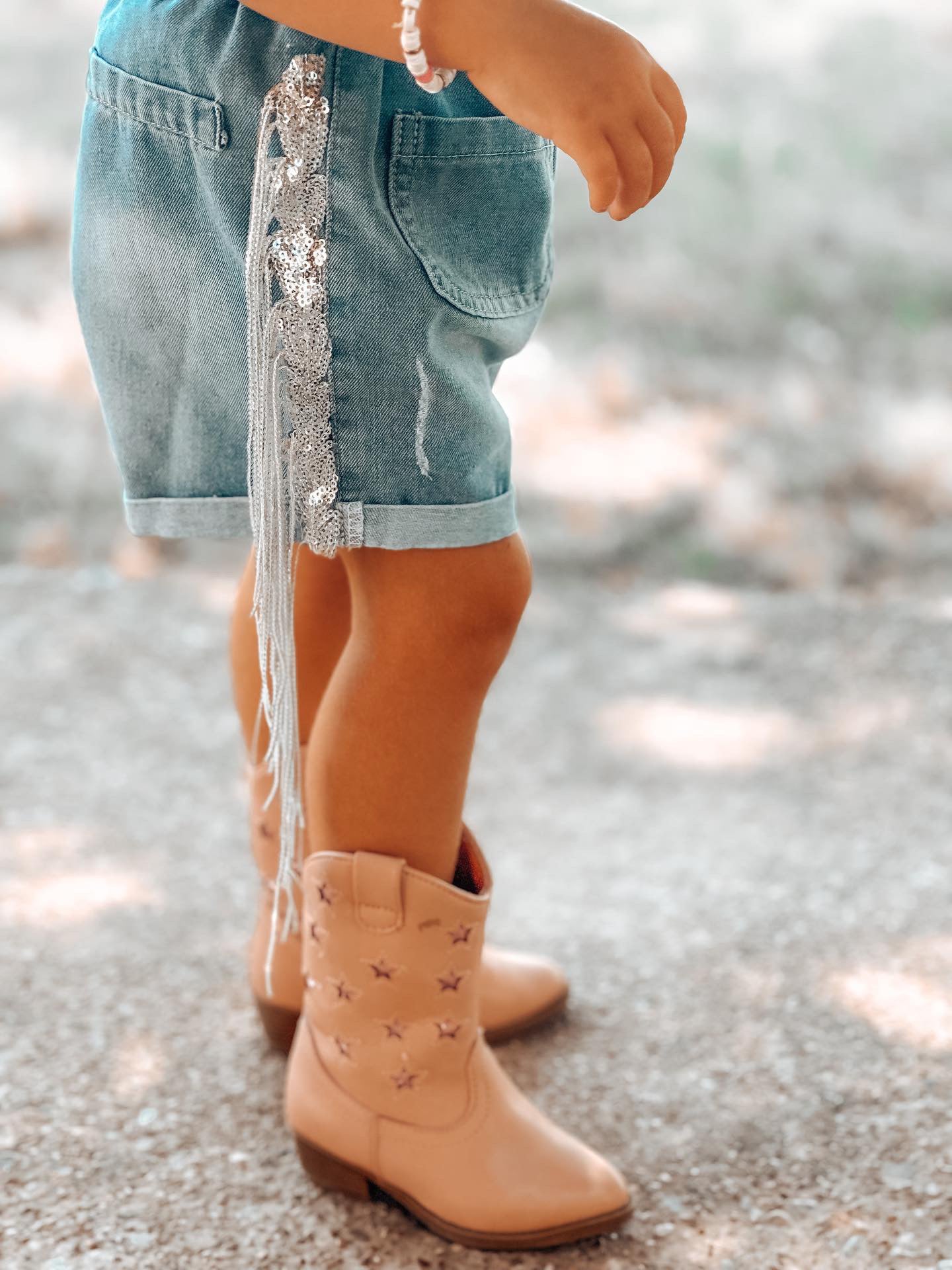 Girls Denim Sparkle Fringe Shorts